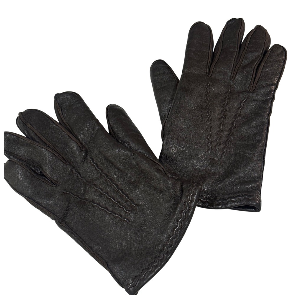 Vintage Sears Leather Gloves Mens Medium Brown Topstitched Knit wool Lined